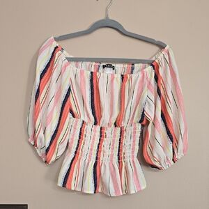 VENUS Off-Shoulder Striped Blouse - Pink, Red, Blue